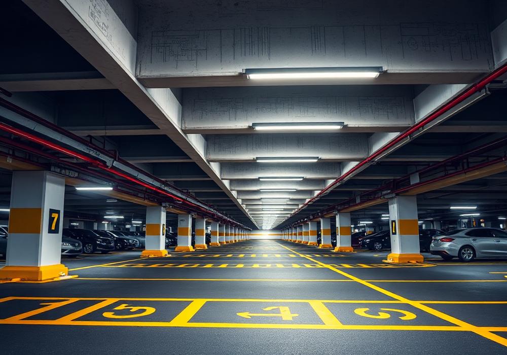 Multi-level car park deck coating with line marking