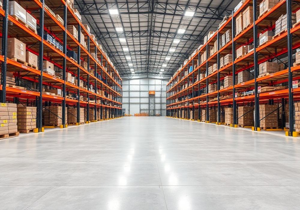 Warehouse racking on a light grey resin floor