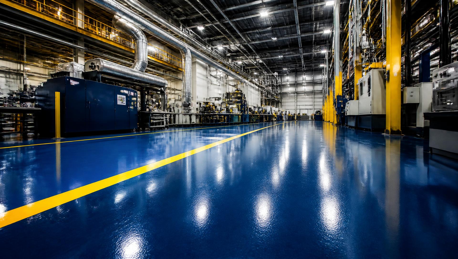 Glossy blue epoxy industrial floor with yellow safety line inside a factory